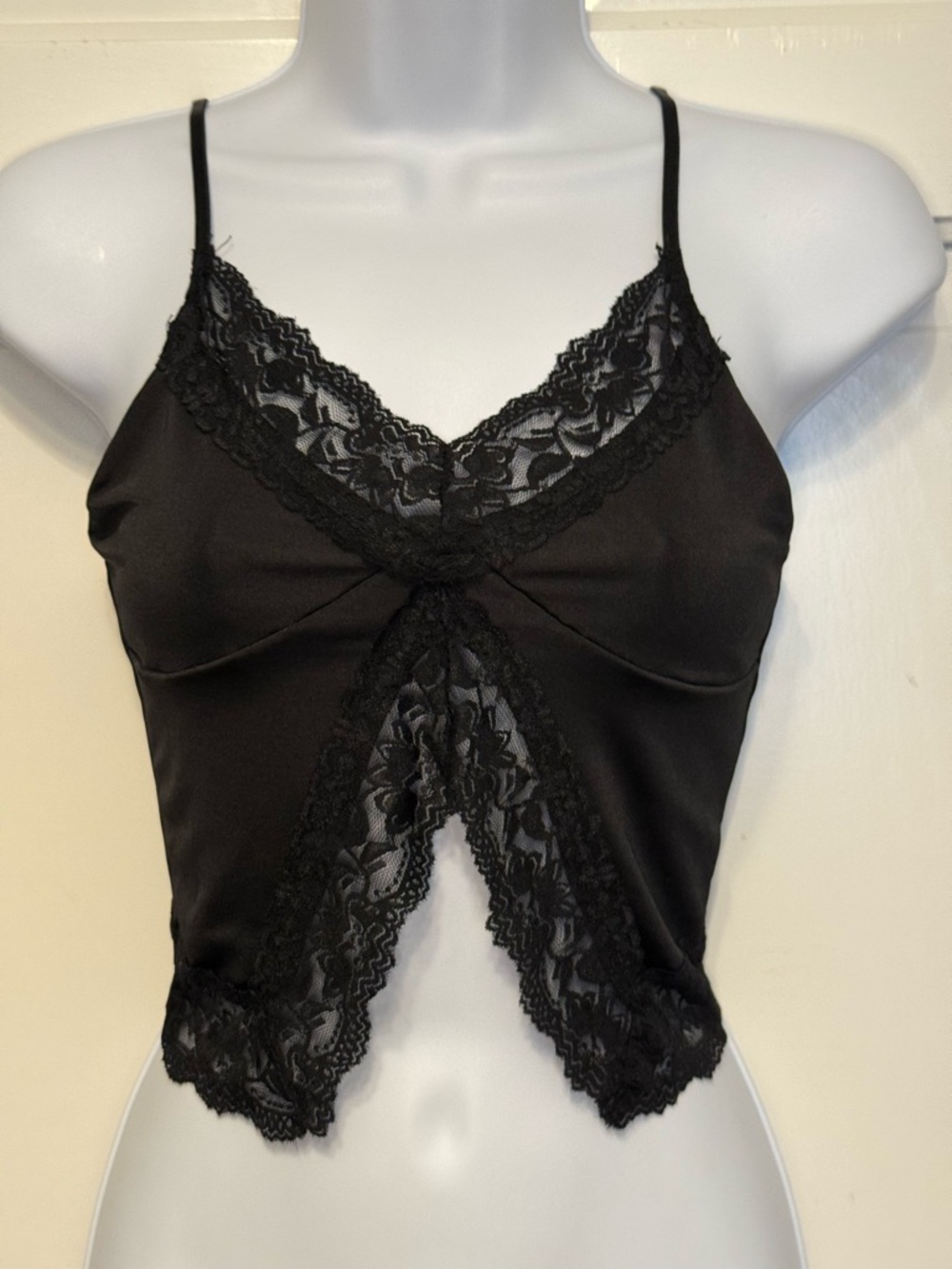 Missguided + Black Satin Lace-Trim V-Neck Cami Top